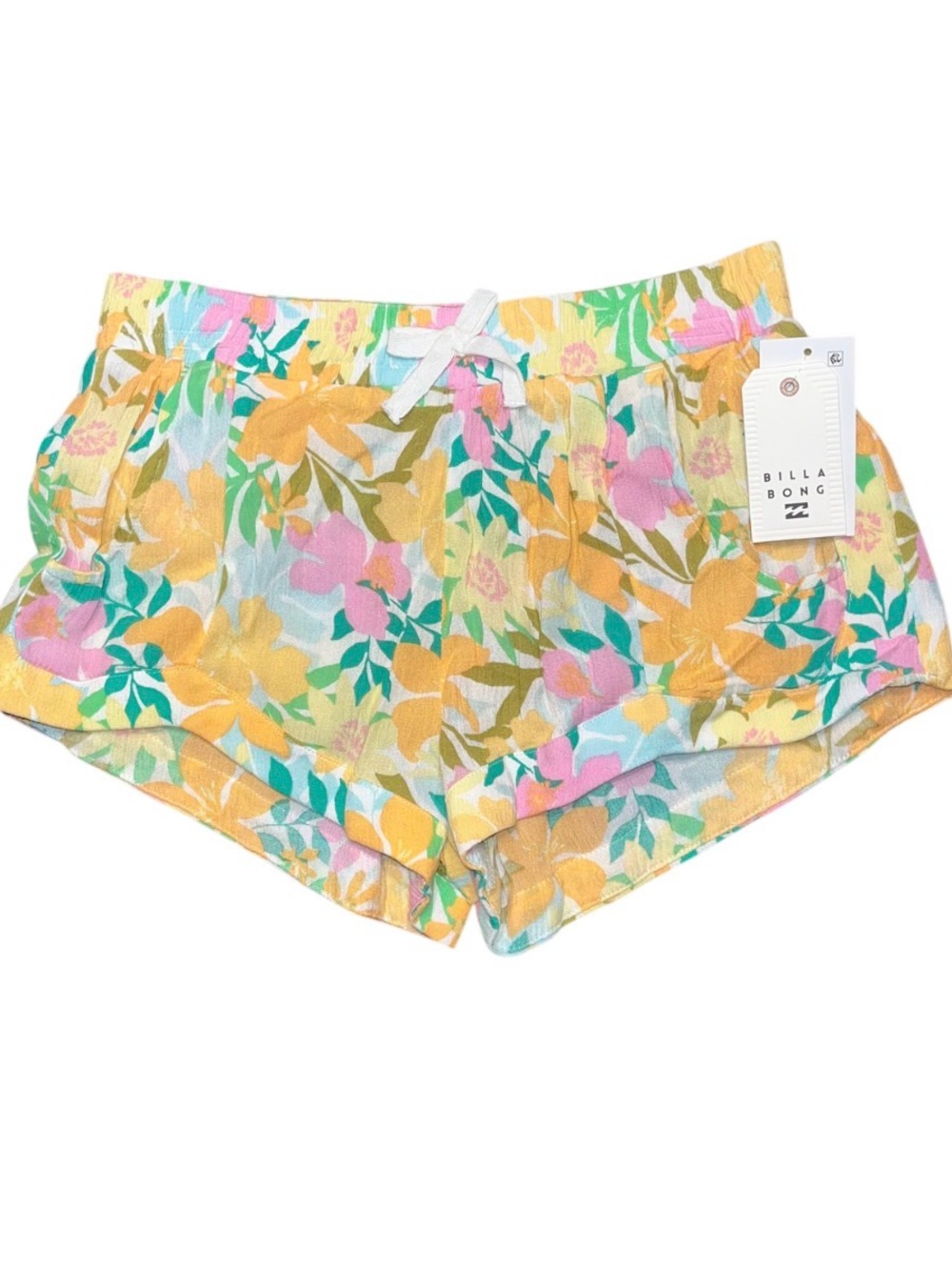 Billabong Girls Pink Green Yellow Floral Pull On Tie Shorts NWT Large